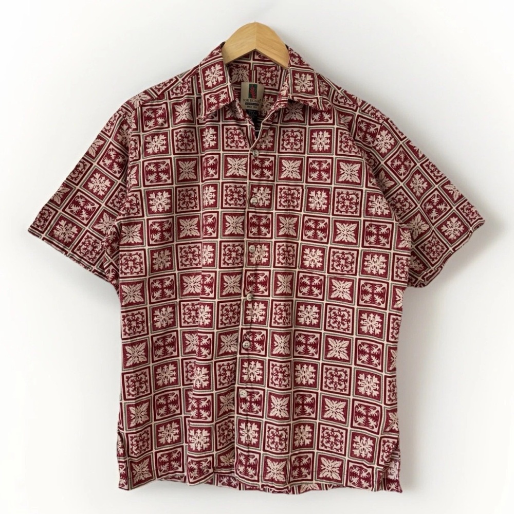 Vintage Tori Richard Hawaii Tropical Shirt Red Tribal Checkered Print Small USA